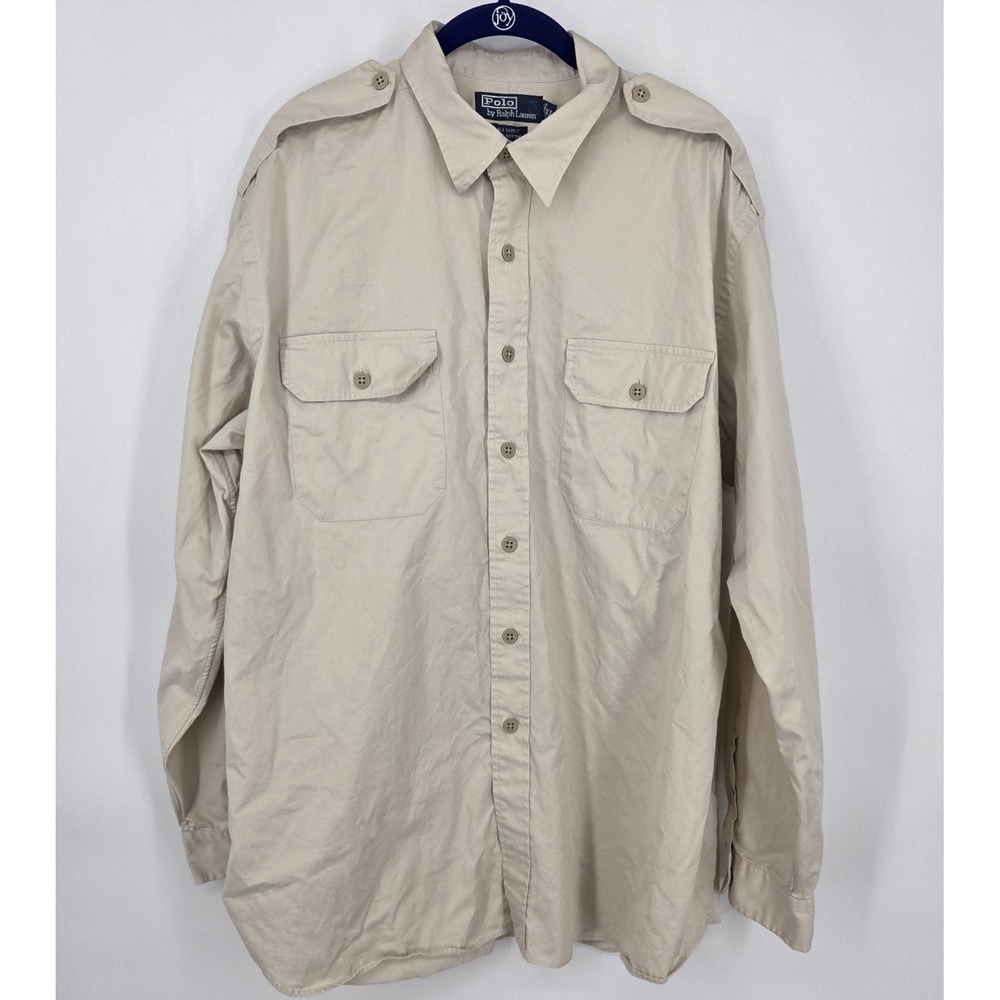 VINTAGE Polo Ralph Lauren GI Shirt Men's Long Sleeve Button Up Pockets XL Beige - Picture 2 of 8
